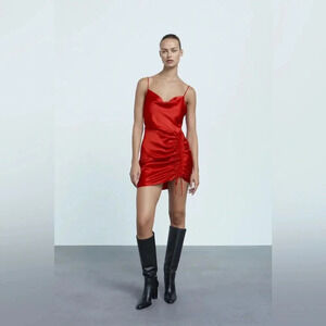 Zara Red Satin Draped Mini Dress (Size M)